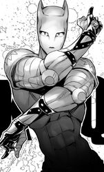  abs animal_ears bad_id bad_pixiv_id cat_ears commentary_request greyscale jojo_no_kimyou_na_bouken jojo_pose killer_queen killer_queen&#039;s_pose_(jojo) monochrome no_humans pointing solo stand_(jojo) standing ttk_(ehohmaki) 