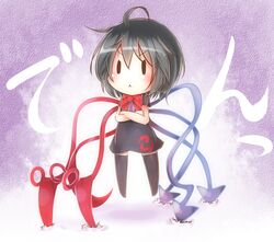  :&lt; asymmetrical_wings bikuseno black_hair black_thighhighs blue_wings chibi commentary_request crossed_arms dress female houjuu_nue purple_background red_wings short_hair solo thighhighs touhou v-shaped_eyebrows wings 