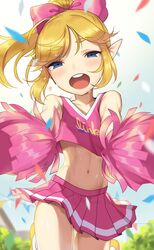  1boy alternate_costume blonde_hair blue_eyes cheerleader commentary_request confetti crossdressing jumping link looking_at_viewer male_focus meimone midriff navel open_mouth otoko_no_ko pointy_ears pom_pom_(cheerleading) ponytail skirt solo stomach sweat the_legend_of_zelda the_legend_of_zelda:_tri_force_heroes toon_link 