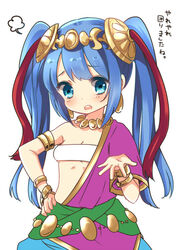  armlet bandeau bare_shoulders blue_eyes blue_hair bracelet breasts cleavage collarbone commentary_request earrings female hair_ornament hand_on_own_hip hoshino_(nia_hoshino) jewelry lakshmi_(p&amp;d) long_hair looking_at_viewer midriff necklace open_mouth photoshop_(medium) puzzle_&amp;_dragons short_sleeves simple_background small_breasts solo strapless translation_request twintails white_background 