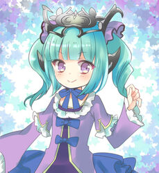  aqua_hair astaroth_(p&amp;d) blue_bow blunt_bangs bow commentary_request dress female frilled_dress frilled_sleeves frills hair_ornament horns hoshino_(nia_hoshino) long_hair long_sleeves looking_afar photoshop_(medium) purple_dress purple_eyes puzzle_&amp;_dragons smile solo tiara twintails upper_body 