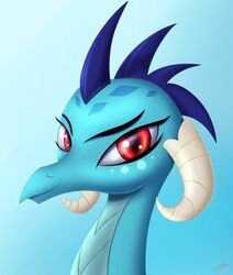  2016 blue_body blue_scales dragon eyebrows eyelashes female feral friendship_is_magic hasbro horn jeki looking_at_viewer my_little_pony mythological_creature mythological_scalie mythology portrait princess_ember_(mlp) red_eyes scales scalie signature simple_background smile solo 