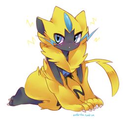  ambiguous_gender anthro biped blue_eyes blush claws felid fur generation_7_pokemon kneeling legendary_pokemon mammal nintendo open_mouth pokemon pokemon_(species) simple_background solo sparks tongue whiskers white_background yellow_body yellow_fur zanthu zeraora 