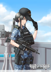  ar-15 assault_rifle baseball_cap beretta_92 black_hair browning_m2 bulletproof_vest camouflage cloud combat_girls_regiment commentary day digital_camouflage female gloves gun handgun hat heavy_machine_gun holster load_bearing_vest long_hair looking_at_viewer machine_gun magazine_(weapon) military military_uniform mk_18_carbine muzzle_device original photoshop_(medium) ponytail profile rifle shino_(r_shughart) sky sleeves_rolled_up smile soldier solo thigh_holster uniform united_states_navy vertical_foregrip watch weapon wristwatch 