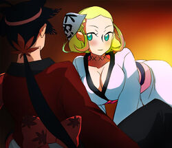  1boy all_fours aqua_eyes blonde_hair blush breasts cleavage eye_contact female fura hair_ornament hiteihime_(katanagatari) japanese_clothes katanagatari kimono large_breasts looking_at_another naughty_face obi sash smile yasuri_shichika 