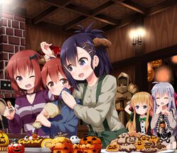  1boy 4girls :d :o ^_^ ahoge alternate_costume armor bat_hair_ornament black_choker black_hair black_shirt blonde_hair blue_eyes blue_shirt blush bone_print bow brown_eyes candle casual ceiling chimney choker closed_eyes commentary_request cookie cross_hair_ornament demon_horns food gabriel_dropout gabriel_tenma_white grey_hair hair_ornament hairbow halloween hand_grab hand_to_own_mouth handkerchief happy_halloween highres horns icing indoors jack-o&#039;-lantern kurumizawa_satanichia_mcdowell&#039;s_brother long_hair long_sleeves multiple_girls oerba_yun_fang one_eye_closed open_mouth pastry_bag pink_eyes pumpkin purple_eyes purple_shirt raphiel_shiraha_ainsworth red_eyes red_hair ruu_(tksymkw) satanichia_kurumizawa_mcdowell shirt short_hair short_sleeves smile spice striped_clothes striped_shirt suspenders topknot v-shaped_eyebrows vignette_tsukinose_april white_hair white_shirt wiping_face x_hair_ornament 