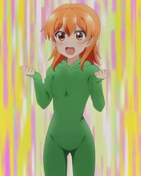  anime_screenshot bodysuit cowboy_shot female green_theme highres orange_eyes orange_hair ore_ga_ojou-sama_gakkou_ni_&quot;shomin_sample&quot;_toshite_rachirareta_ken short_hair solo tenkuubashi_aika zentai 