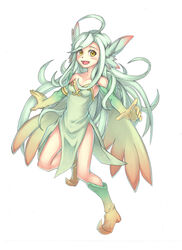  :d ahoge bare_shoulders boots commentary_request dress elbow_gloves female full_body gloves green_dress green_hair long_hair looking_at_viewer mon-musu_quest! open_mouth purutoppu_(toranohige) side_slit simple_background smile solo sylph_(mon-musu_quest!) white_background wings yellow_eyes 