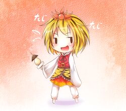  bikuseno black_hair blonde_hair chibi commentary_request egg female flying_sweatdrops food hair_ornament multicolored_hair oden open_mouth orange_background short_hair solo toramaru_shou touhou two-tone_hair 