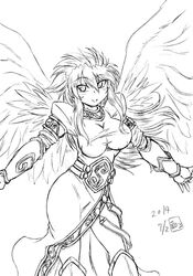  angel_wings blush boots bracer breasts breath_of_fire breath_of_fire_ii bridal_gauntlets commentary_request dress feathered_wings female gamonkoubou greyscale knee_boots large_breasts large_wings legs long_hair long_legs monochrome nina_(breath_of_fire_ii) no_panties photoshop_(medium) side_slit sidelocks solo thighs wings 