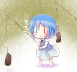  barefoot bikuseno blue_eyes blue_hair chibi commentary_request female fishing_line fishing_rod green_background heterochromia konnyaku_(food) red_eyes short_hair skirt smile solo tatara_kogasa touhou 