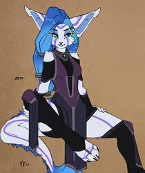  2017 android anthro barefoot blue_hair clothing conditional_dnp cybernetic_attachment cybernetics cyborg digital_media_(artwork) feet female fluff-kevlar fur hair kleika long_ears machine mammal markings robot solo white_body white_fur zeta_(fluff-kevlar) 