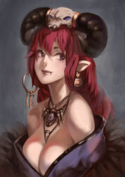  absurdres bare_shoulders breasts cleavage commentary demon_girl female highres horns jewelry large_breasts oerba_yun_fang original photoshop_(medium) pointy_ears purple_eyes red_hair smile solo weien 