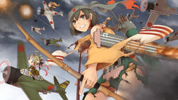  aircraft airplane archery arrow_(projectile) bad_id bad_pixiv_id bow_(weapon) breasts brown_eyes brown_hair burnt_clothes fairy_(kancolle) female flight_deck gloves hachimaki headband hiryuu_(kancolle) japanese_clothes kantai_collection kyuudou medium_breasts partially_fingerless_gloves pectong quiver remodel_(kantai_collection) short_hair single_glove skilled_pilot_(kancolle) skirt tomonaga_squadron_pilot_(kancolle) torpedo weapon yugake 