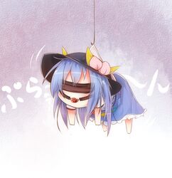  ball_gag barefoot bikuseno blindfold blue_hair bondage chibi commentary_request female food fruit gag gagged hanging hat hinanawi_tenshi hook long_hair mini_person minigirl peach solo touhou wiffle_gag 