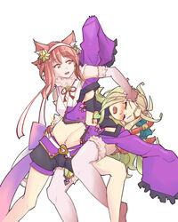  2girls ahoge animal_ears blush boots cape cat_ears cat_girl cat_tail circlet closed_eyes commentary_request fire_emblem fire_emblem_awakening fire_emblem_fates fire_emblem_heroes gloves green_hair hairband halloween highres jaegan long_hair multiple_girls multiple_tails navel nekomata nowi_(fire_emblem) nowi_(halloween)_(fire_emblem) open_mouth photoshop_(medium) pink_hair pointy_ears red_eyes red_hair sakura_(fire_emblem) sakura_(halloween)_(fire_emblem) short_hair smile tail thighhighs two_tails witch wrestling 