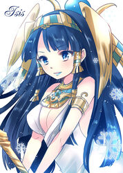  armlet bare_shoulders black_hair blue_eyes blue_lips breasts character_name cleavage commentary_request dress egyptian egyptian_clothes female hair_ornament hair_tubes hairband hoshino_(nia_hoshino) isis_(p&amp;d) jewelry large_breasts lipstick long_hair makeup necklace open_mouth photoshop_(medium) puzzle_&amp;_dragons simple_background sleeveless sleeveless_dress snowflakes solo staff upper_body white_background white_dress winged_hair_ornament 