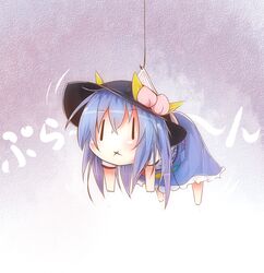  :x barefoot bikuseno blue_hair chibi commentary_request female food fruit hanging hat hinanawi_tenshi hook long_hair mini_person minigirl peach solo touhou 