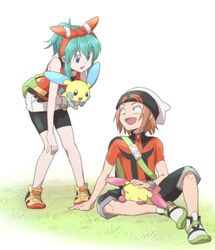  1boy backpack bad_id bad_twitter_id bag bare_shoulders bike_shorts blue_hair brendan_(pokemon) brendan_(pokemon)_(cosplay) brown_hair cosplay crossover female hat headpat hunter_x_hunter lap_pillow leaning_forward looking_at_another lowres may_(pokemon) may_(pokemon)_(cosplay) minun plusle pokemon pokemon_(creature) pokemon_oras pokkle ponzu short_hair sitting sleeping white_background yuriko_(yuriko_popo) 