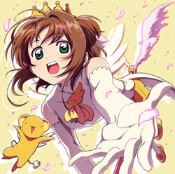  anime_coloring bad_id bad_pixiv_id brown_hair cardcaptor_sakura commentary_request crown elbow_gloves female fuuin_no_tsue gloves green_eyes kero_(cardcaptor_sakura) kinomoto_sakura kinomoto_sakura_(winged_egg_crown_costume) koitsu_(blue) magical_girl open_mouth reaching riding sleeveless wings 