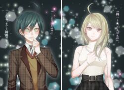  1boy ahoge akamatsu_kaede asymmetrical_hair bad_id bad_pixiv_id black_ribbon black_skirt blonde_hair blue_hair blush bracelet breasts brown_jacket brown_sweater cardigan commentary_request couple danganronpa_(series) danganronpa_v3:_killing_harmony earrings female hair_between_eyes highres jacket jewelry long_hair looking_at_viewer medium_breasts neck_ribbon necklace open_cardigan open_clothes red_eyes ribbon saihara_shuichi shirt short_hair skirt sleeveless sleeveless_shirt smile straight sweatdrop sweater translated white_shirt xino yellow_eyes 