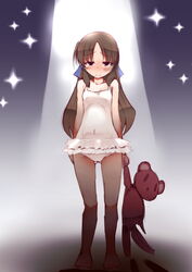  bandai_namco bare_shoulders brown_hair closed_mouth female flat_chest fukui_sora full_body hair_ribbon holding idolmaster idolmaster_cinderella_girls lolicon looking_at_viewer nipples ribbon smile solo spotlight stuffed_animal tachibana_arisu 