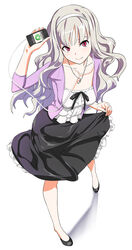  clothes_lift commentary_request digital_media_player earphones female grey_hair hairband highres idolmaster idolmaster_(classic) ipod ipod_touch long_hair photoshop_(medium) rato red_eyes shijou_takane skirt skirt_lift solo 