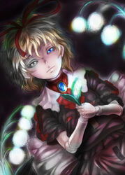  baten_(gei-vorugu) blouse brooch capelet commentary_request doll_joints dutch_angle female flower hair_ribbon high_collar highres jewelry joints lily_of_the_valley looking_at_viewer medicine_melancholy parted_lips partially_colored photoshop_(medium) puffy_short_sleeves puffy_sleeves ribbon shirt short_hair short_sleeves skirt solo touhou 