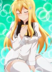  anime_screenshot arisugawa_reiko blonde_hair closed_eyes female highres long_hair ore_ga_ojou-sama_gakkou_ni_&quot;shomin_sample&quot;_toshite_rachirareta_ken school_uniform solo stitched thighhighs third-party_edit white_thighhighs zettai_ryouiki 