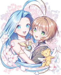  2girls ahoge antenna_hair bare_shoulders blue_eyes blue_hair brown_hair cardcaptor_sakura cherry_blossoms choker commentary_request crossover flower granblue_fantasy green_eyes jewelry kero_(cardcaptor_sakura) kinomoto_sakura long_hair looking_at_viewer lyria_(granblue_fantasy) matsuki_tou multiple_girls neckerchief open_mouth pendant sailor_collar school_uniform short_hair smile tomoeda_elementary_school_uniform upper_body very_long_hair white_choker white_neckerchief white_sailor_collar 