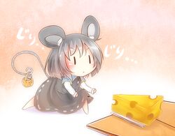  :x animal_ears barefoot basket bikuseno capelet cheese chibi commentary_request female food grey_hair jewelry mini_person minigirl mouse_ears mouse_tail mousetrap nazrin orange_background pendant short_hair sneaking solo tail touhou 