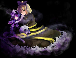  blonde_hair blush bow brown_eyes commentary_request dress female hair_ornament hairbow kurodani_yamame long_sleeves omin_(risabon) ponytail short_hair skeleton skull solo touhou 