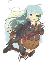  2girls bad_id bad_pixiv_id blush brown_hair brown_legwear brown_skirt chibi green_eyes green_hair hair_ornament hairclip kantai_collection kumano_(kancolle) long_hair multiple_girls ooide_chousuke photoshop_(medium) school_uniform skirt suzuya_(kancolle) thighhighs 