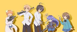  2boys 3girls acchi_kocchi ahoge blue_eyes blue_hair commentary_request gun haruno_hime highres inui_sakaki jinnseikkhototogisu katase_mayoi long_hair miniwa_tsumiki multiple_boys multiple_girls otonashi_io weapon 