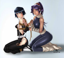  2012 2girls arms_behind_back bare_shoulders black_hair bleach blush bondage bondage bondage bound box_tie dark_skin highres kneeling long_hair looking_back multiple_girls ponytail ponytails purple_hair reptileye shihouin_yoruichi side_slit skin_tight smile sui-feng yuri 