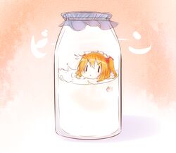  :&lt; bikuseno blonde_hair bottle bow chibi commentary_request female hairband hairbow in_bottle in_container milk milk_bottle mini_person minigirl name_connection orange_background partially_submerged pun ribbon short_hair solo sunny_milk touhou twintails 