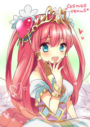  bare_shoulders blue_eyes blush commentary_request feathered_wings female flower hair_flower hair_ornament hair_tubes hand_to_own_mouth heart hoshino_(nia_hoshino) long_hair off_shoulder open_mouth pink_hair puzzle_&amp;_dragons short_sleeves simple_background solo text_focus tiara twintails upper_body venus_(p&amp;d) white_background white_wings wings 