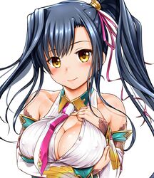  bare_shoulders black_hair blush breasts cleavage commentary_request female ganari_ryuu highres kan&#039;u_(koihime_musou) koihime_musou large_breasts long_hair looking_at_viewer side_ponytail smile solo very_long_hair yellow_eyes 