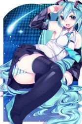  aqua_eyes aqua_hair ass bad_deviantart_id bad_id bare_shoulders boots breasts detached_sleeves female hatsune_miku highres legs_together long_hair loyproject necktie panties platform_footwear platform_heels salute skirt small_breasts smile solo star_(symbol) starry_background striped_clothes striped_panties thigh_boots thighhighs twintails underwear very_long_hair vocaloid 