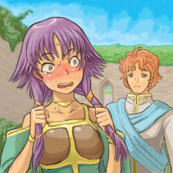  1boy @_@ artur_(fire_emblem) bare_shoulders blush commentary_request confession couple female fire_emblem fire_emblem:_the_sacred_stones lute_(fire_emblem) orange_hair photoshop_(medium) purple_hair straight sweatdrop take0 tears twintails 