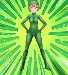  anime_screenshot bodysuit female green_theme hands_on_own_hips highres legs_apart orange_eyes orange_hair ore_ga_ojou-sama_gakkou_ni_&quot;shomin_sample&quot;_toshite_rachirareta_ken solo tenkuubashi_aika 