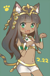  :3 :d animal_ears armlet bastet_(p&amp;d) black_hair blunt_bangs blush bracelet cat_ears cat_tail commentary_request dark-skinned_female dark_skin dated earrings egyptian egyptian_clothes female green_background green_eyes groin hair_ornament hoshino_(nia_hoshino) jewelry long_hair midriff navel necklace oerba_yun_fang open_mouth paw_pose paw_print photoshop_(medium) puzzle_&amp;_dragons simple_background single_earring skirt smile solo tail tiara white_skirt 