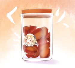  &gt;_&lt; bikuseno blonde_hair bottle brown_background chestnut chestnut_mouth chibi closed_eyes commentary_request drill_hair female hat in_bottle in_container luna_child mini_person minigirl open_mouth ribbon short_hair solo touhou 