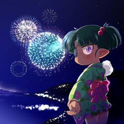  aerial_fireworks blush bow commentary_request cotton_candy dark-skinned_female dark_skin eyepatch female fireworks green_hair green_kimono hair_bobbles hair_ornament highres isadora_finnsdottir japanese_clothes kimono lotte_no_omocha! pink_eyes pointy_ears reaching sakurabe_notos short_hair solo twintails yukata 