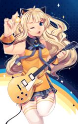  ahoge animal_ears blonde_hair blue_eyes bracelet breasts cat_ears commentary electric_guitar female fingernails guitar highres instrument jewelry lips long_fingernails long_hair loyproject nail_polish one_eye_closed orange_nails parted_lips plectrum seeu shirt skirt sleeveless small_breasts solo taut_clothes taut_shirt thigh_gap thighhighs vocaloid white_thighhighs 