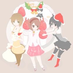  asou_misaki bad_id bad_pixiv_id black_hair blush boots brown_hair cake christmas dress fatal_frame fatal_frame_4 food fruit hat holding holding_food holding_fruit minazuki_ruka miya_(fatal_frame) multiple_girls pantyhose santa_boots santa_hat short_hair skirt snowman strawberry thighhighs tsukimori_madoka vader_(n.r.t.a.) 