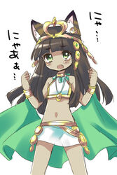  animal_ears bastet_(p&amp;d) blunt_bangs blush bracelet bracer brown_hair cat_ears choker commentary_request dark-skinned_female dark_skin egyptian egyptian_clothes female green_eyes hair_ornament hoshino_(nia_hoshino) jewelry long_hair looking_up midriff navel necklace photoshop_(medium) puzzle_&amp;_dragons simple_background skirt solo tiara translation_request white_background white_skirt 