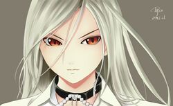  akashiya_moka choker commentary_request dated dyxm female hair_between_eyes inner_moka long_hair looking_at_viewer red_eyes rosario+vampire signature solo white_hair 