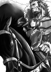  2boys armor beard bucephalus_(fate) cape commentary_request facial_hair fate/zero fate_(series) greyscale hidaka_ajiko highres horse iskandar_(fate) monochrome multiple_boys photoshop_(medium) reins waver_velvet 