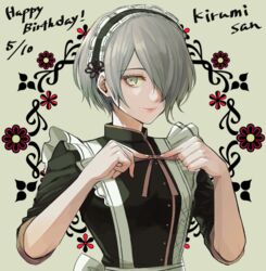  apron bad_id bad_pixiv_id black_shirt bow brown_bow brown_ribbon character_name commentary_request danganronpa_(series) danganronpa_v3:_killing_harmony female grey_background grey_eyes hair_over_one_eye happy_birthday looking_at_viewer maid maid_headdress ribbon shirt short_hair silver_hair smile solo tojo_kirumi upper_body xino 